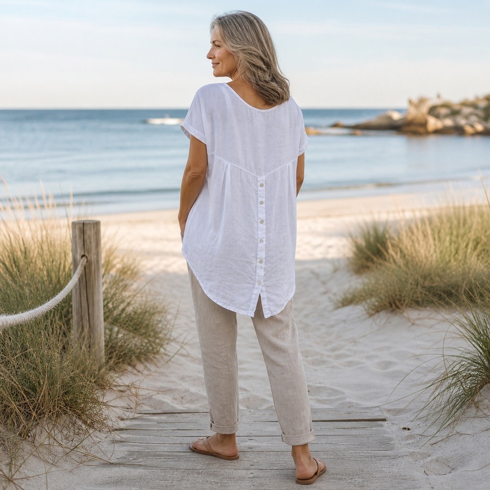 Terzo Millennio Womens S Linen Button Back Hi Low Tunic Italy Beachy Lagenlook